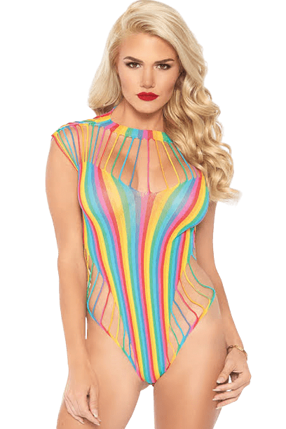 Rainbow Striped Halter Fishnet Mini Dress